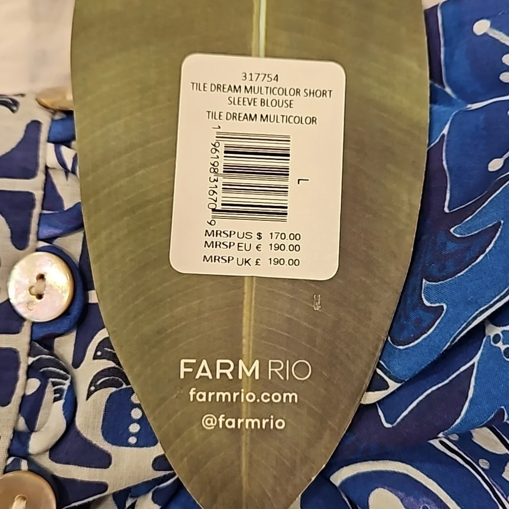 💕FARM RIO💕 Blue Tile Dream Short Sleeve Blouse ~ Floral Large L NWT *DAMAGED*